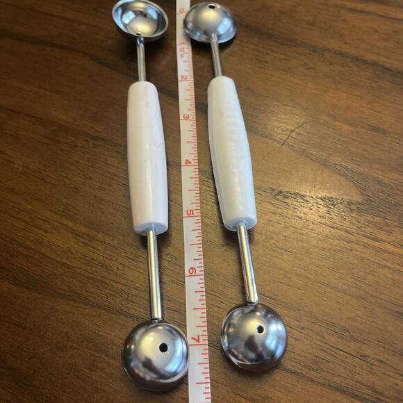 Set Of 2 Melon Ball Double End Metal Scoops White Plastic Handle Kitchen Utensil - Picture 3 of 5